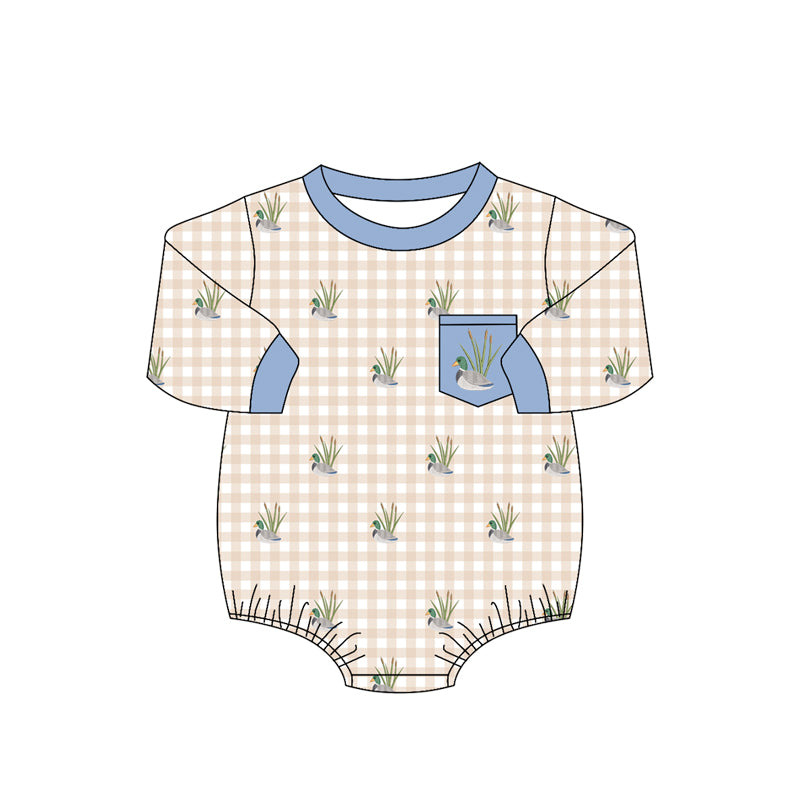 4.16 Pre Order No moq Baby Boys Long Sleeve Grey Checked Ducks Pocket Hunting Rompers