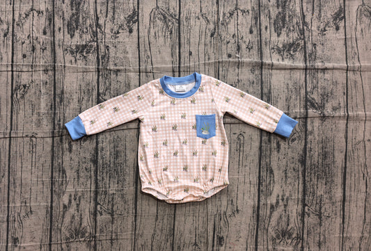 6.10 LR3002 Sample No Moq Embroidery Duck Pocket Baby Boys Long Sleeve Checked Hunting Rompers