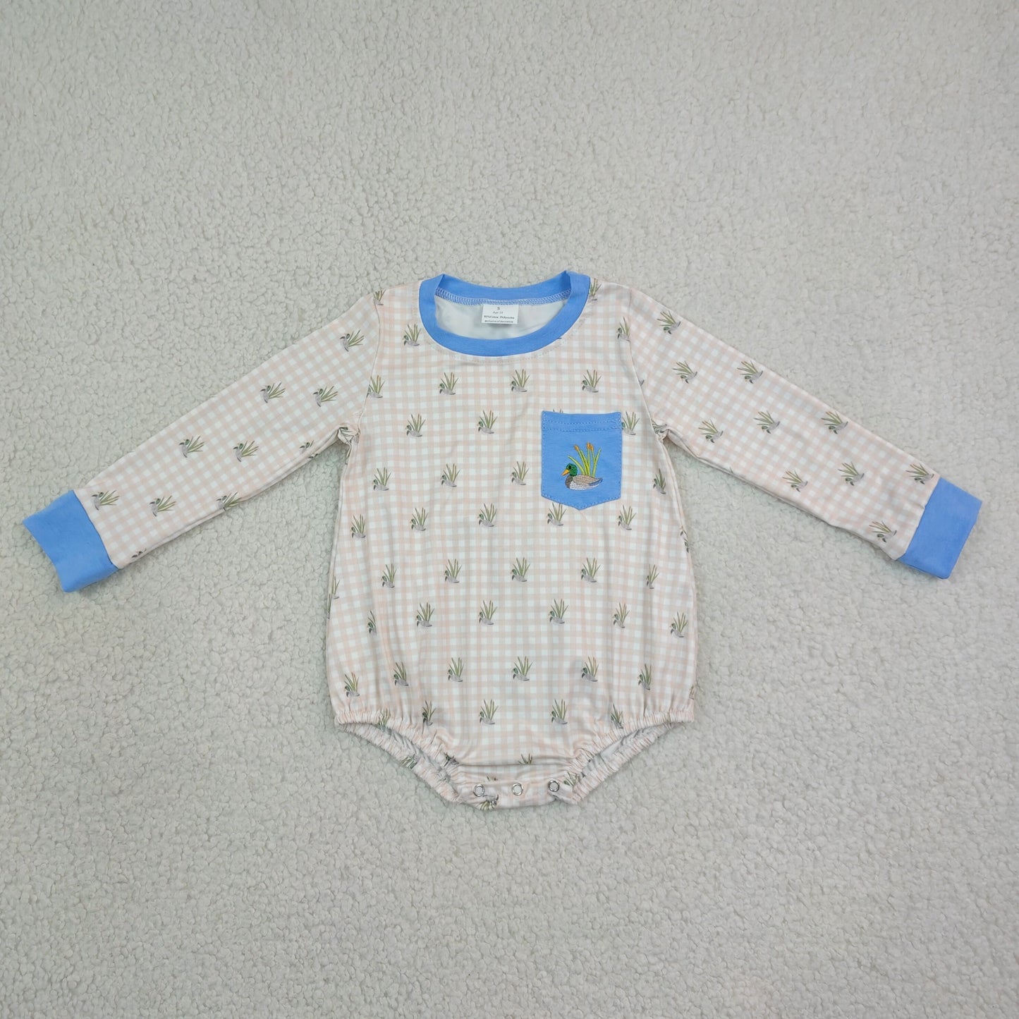 LR3002 RTS NO MOQ （In stock）Embroidery Duck Pocket Baby Boys Long Sleeve Checked Hunting Rompers