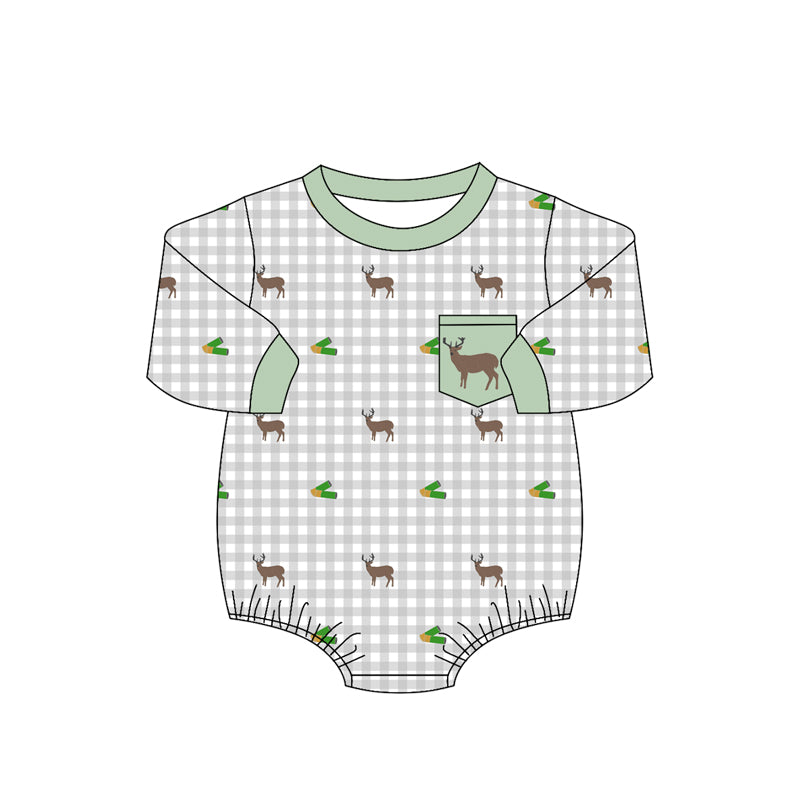 4.16 Pre Order No moq Baby Boys Long Sleeve Grey Checked Ducks Pocket Hunting Rompers