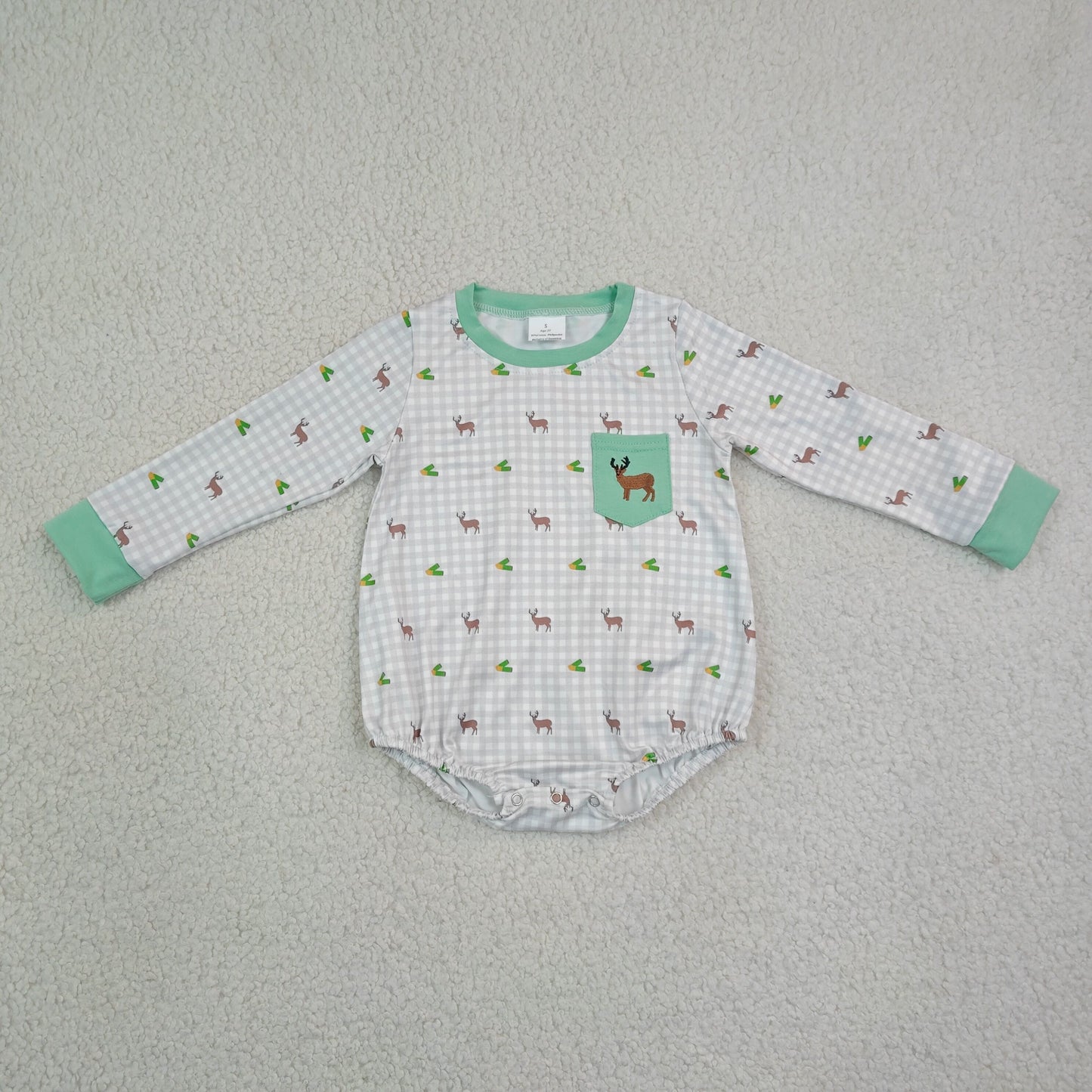 LR3003 RTS NO MOQ （In stock）Long sleeves deer embroidery pocket plaid baby boy romper