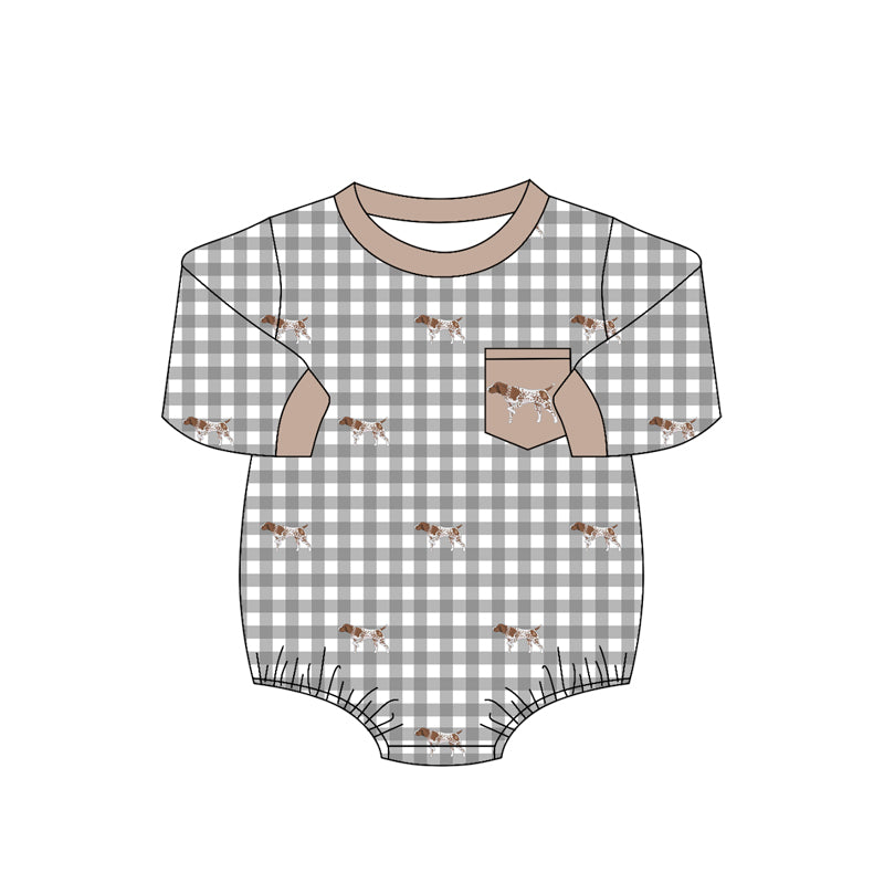 4.16 Pre Order No moq Baby Boys Long Sleeve Grey Checked Ducks Pocket Hunting Rompers
