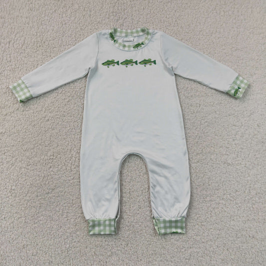 7.6 LR3006 RTS NO MOQ （In stock）Long sleeves green plaid fish baby boy romper