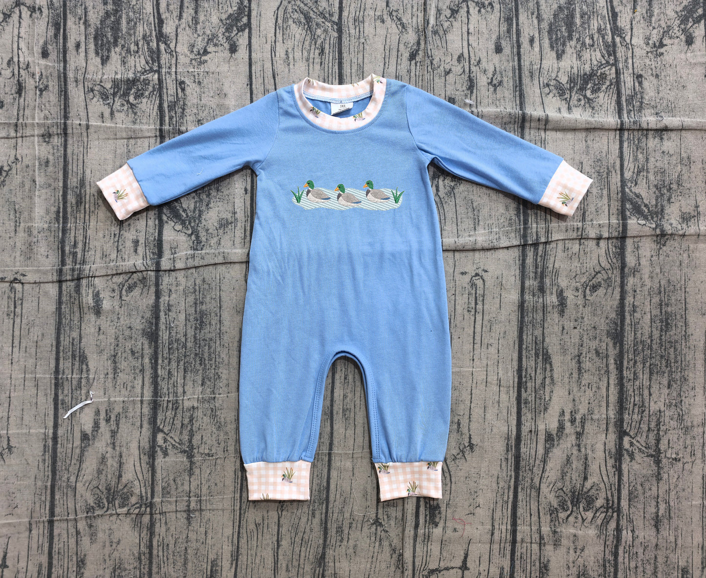 6.10 LR3007 Sample No Moq Embroidery Ducks Baby Boys Long Sleeve Hunting Rompers