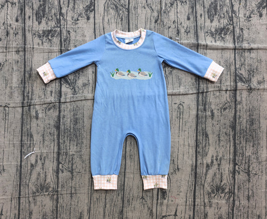 6.10 LR3007 Sample No Moq Embroidery Ducks Baby Boys Long Sleeve Hunting Rompers