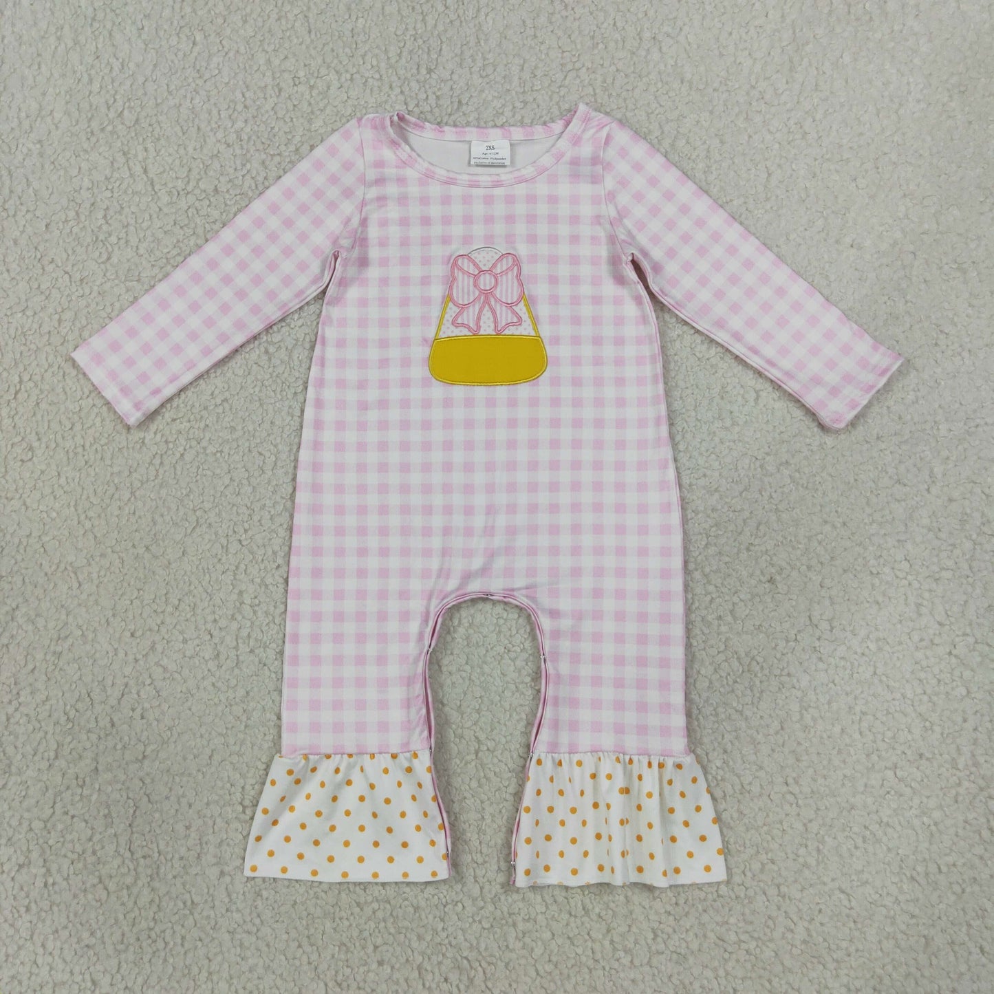 RTS NO MOQ （In stock）milk silk LR3022 Embroidery Bows Candy Baby Girls Pink Checked Halloween Ruffle Pant Rompers