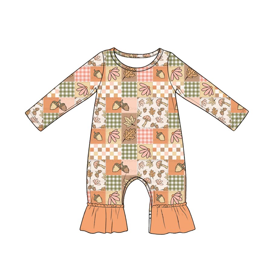 4.20 Pre Order No moq Baby Girls Long Sleeve Mushroom Flowers Ruffle Pant Fall Rompers