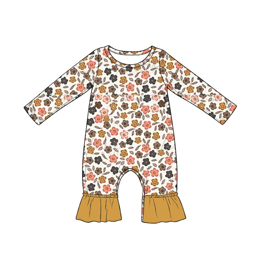 4.20 Pre Order No moq Baby Girls Long Sleeve Mushroom Flowers Ruffle Pant Fall Rompers