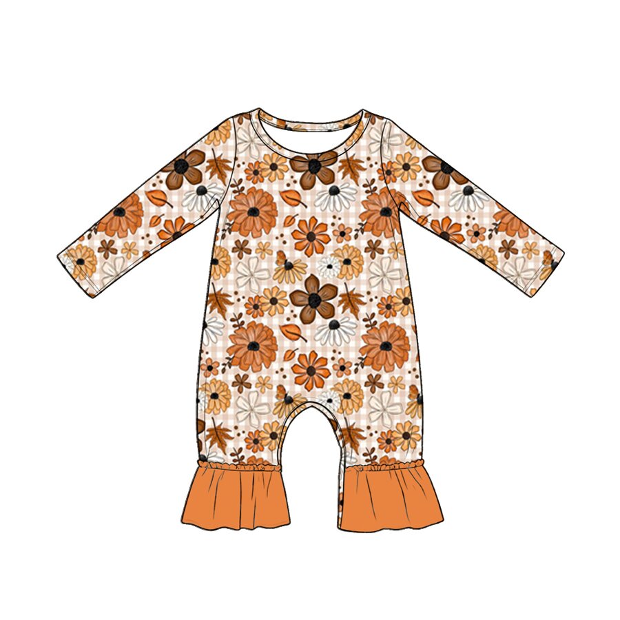 4.20 Pre Order No moq Baby Girls Long Sleeve Mushroom Flowers Ruffle Pant Fall Rompers