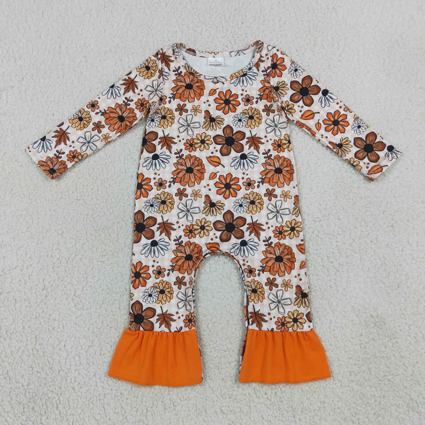 RTS Sibling milk silk Baby Girls Long Sleeve Flowers Leaves Print Fall Ruffle Pant Rompers