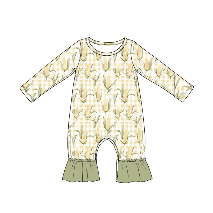 4.20 Pre Order No moq Baby Girls Long Sleeve Mushroom Flowers Ruffle Pant Fall Rompers