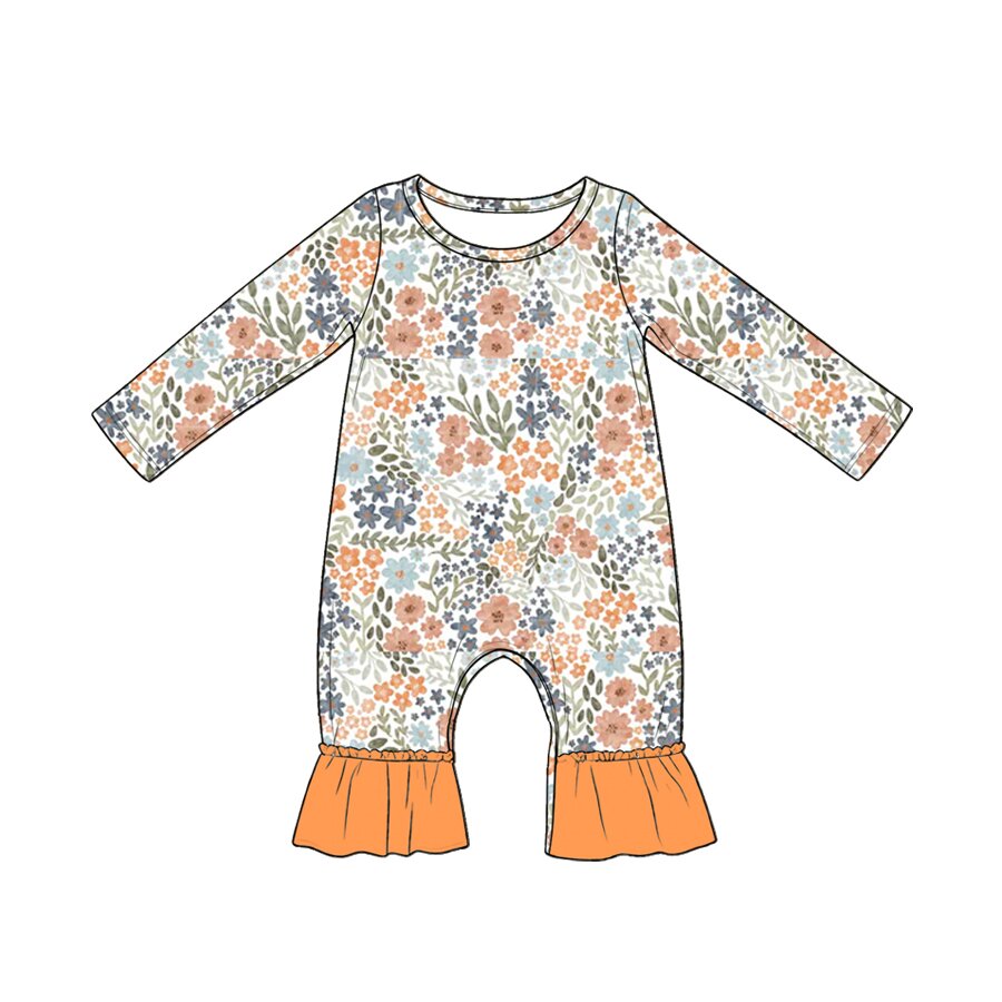 4.20 Pre Order No moq Baby Girls Long Sleeve Mushroom Flowers Ruffle Pant Fall Rompers