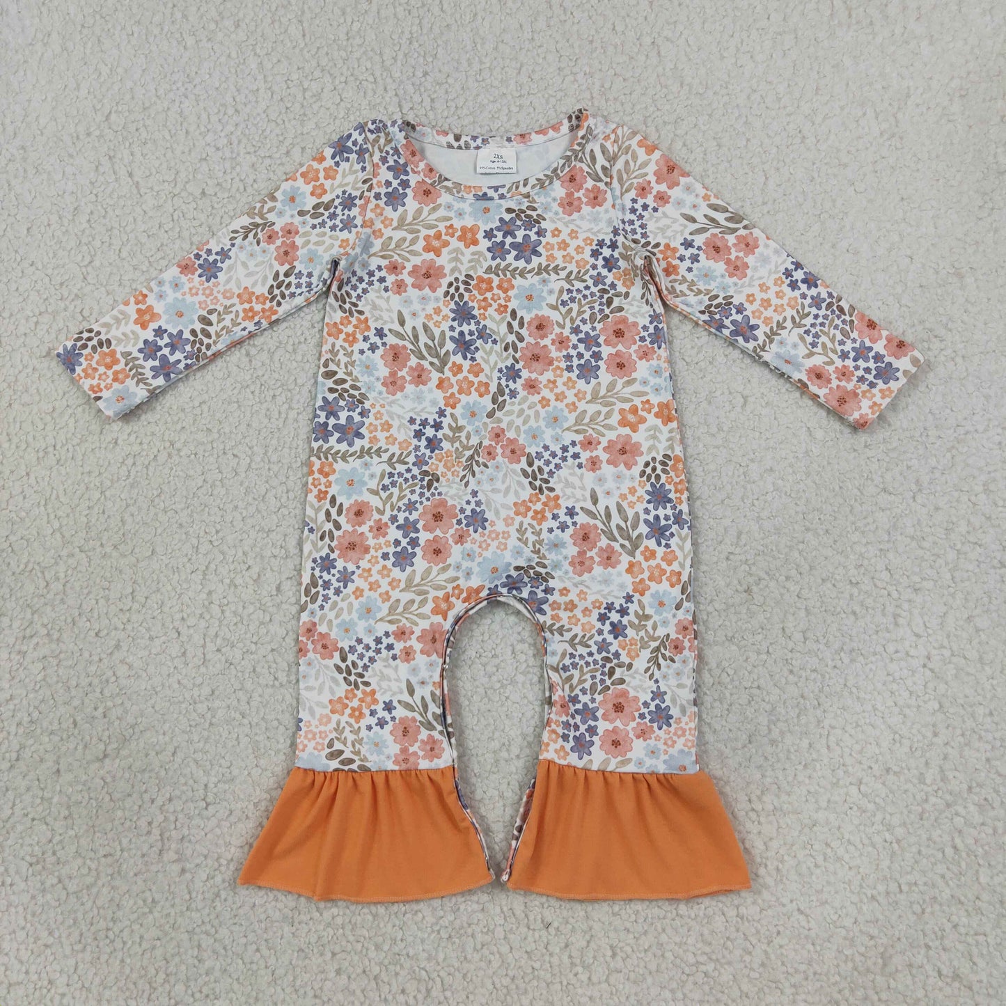 LR3027 RTS NO MOQ （In stock）milk silk Baby Girls Long Sleeve Colorful Flowers Fall Ruffle Pant Rompers