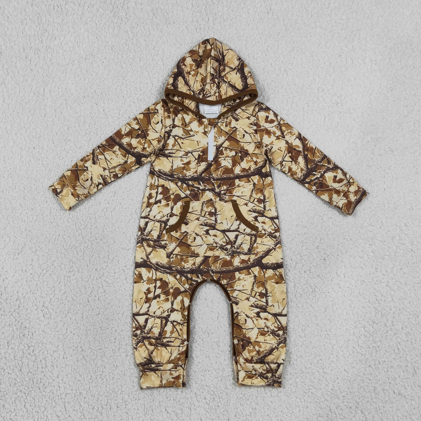 LR3033 RTS NO MOQ milk silk （In stock）Baby Boys Leaves Camo Half Zip Pockets Pant Fall Hoodie Rompers