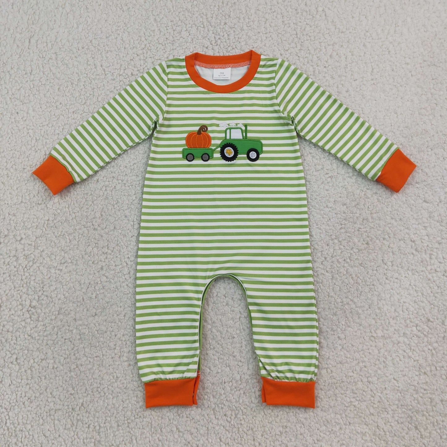 LR3036 TS NO MOQ （In stock）milk silk LR3036 Embroidery Baby Boys Farm Green Stripe Pumpkin Truck Long Sleeve Rompers