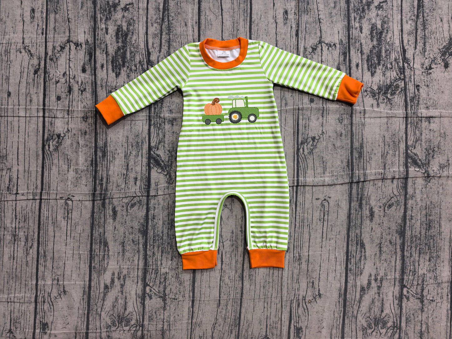 6.11 LR3036 Sample No Moq Embroidery Baby Boys Farm Green Stripe Pumpkin Truck Embroidery Long Sleeve Rompers