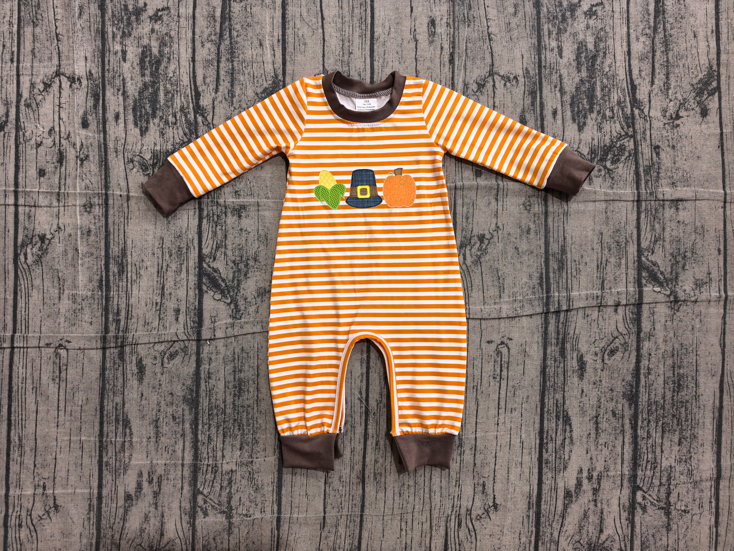 6.11 LR3037 Sample No Moq Embroidery Baby Boys Orange Stripe Pumpkin Embroidery Long Sleeve Rompers