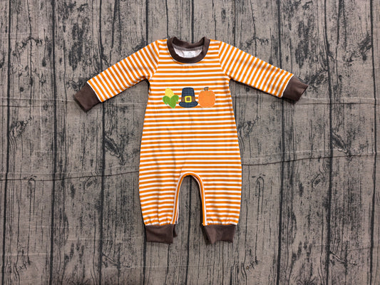 6.11 LR3037 Sample No Moq Embroidery Baby Boys Orange Stripe Pumpkin Embroidery Long Sleeve Rompers