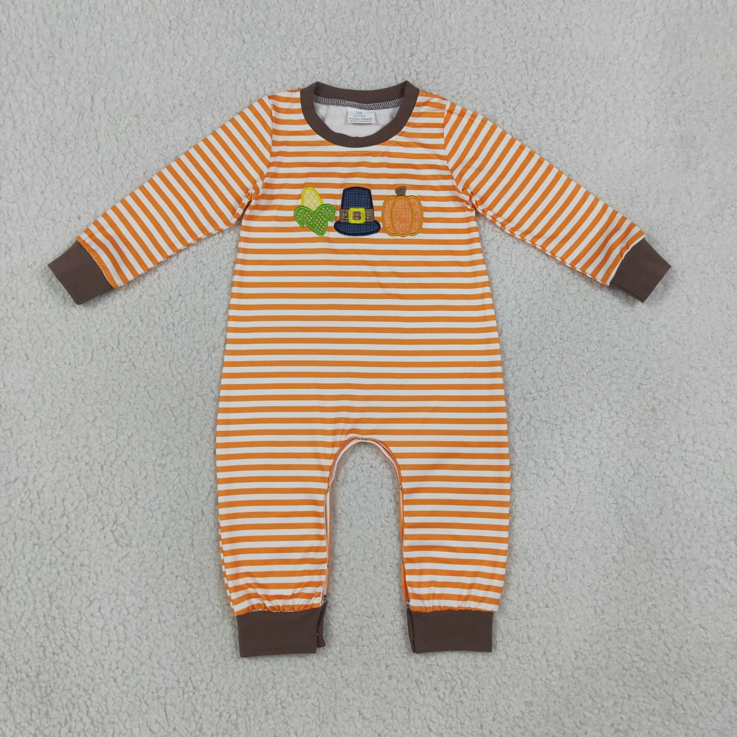 LR3037 TS NO MOQ （In stock）milk silk Embroidery Baby Boys Orange Stripe Pumpkin Embroidery Long Sleeve Fall Rompers
