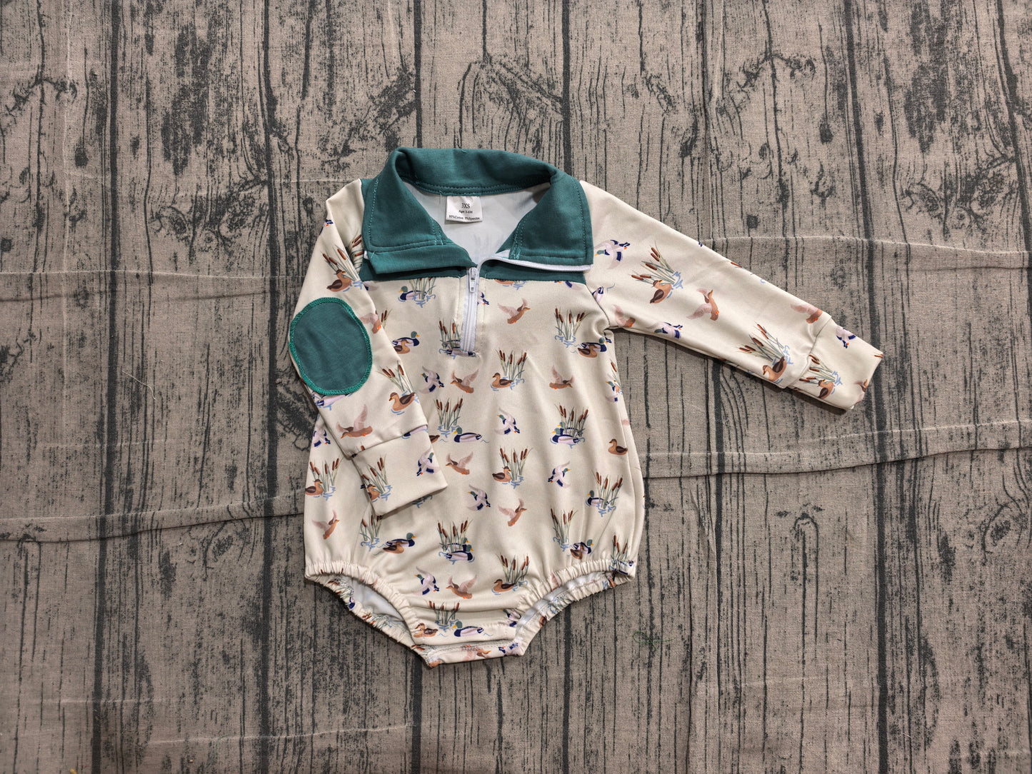 6.12 LR3052 Sample No Moq Baby Boys Hunting Duck Printed Long Sleeve Full Zipper Rompers