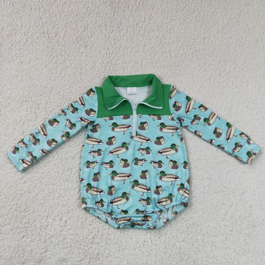 7.6 LR3055 RTS NO MOQ （In stock）Long sleeves green duck zipper baby boy fall romper