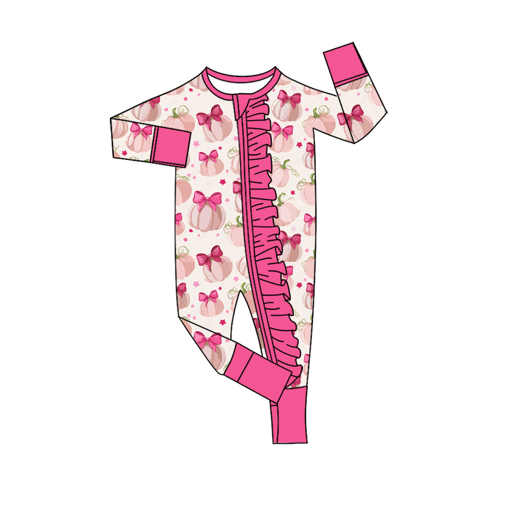 4.28 Pre Order No moq Baby Girls Long Sleeve Bows Pumpkins Print Two Way Ruffle Zip Rompers