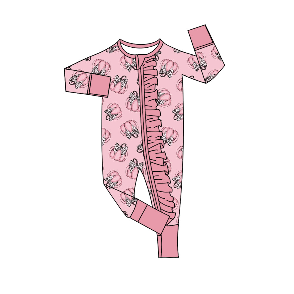 4.28 Pre Order No moq Baby Girls Long Sleeve Bows Pumpkins Print Two Way Ruffle Zip Rompers