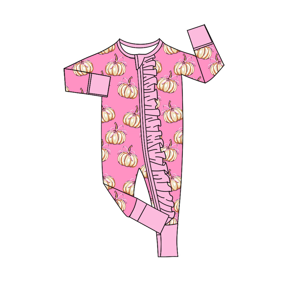 4.28 Pre Order No moq Baby Girls Long Sleeve Bows Pumpkins Print Two Way Ruffle Zip Rompers