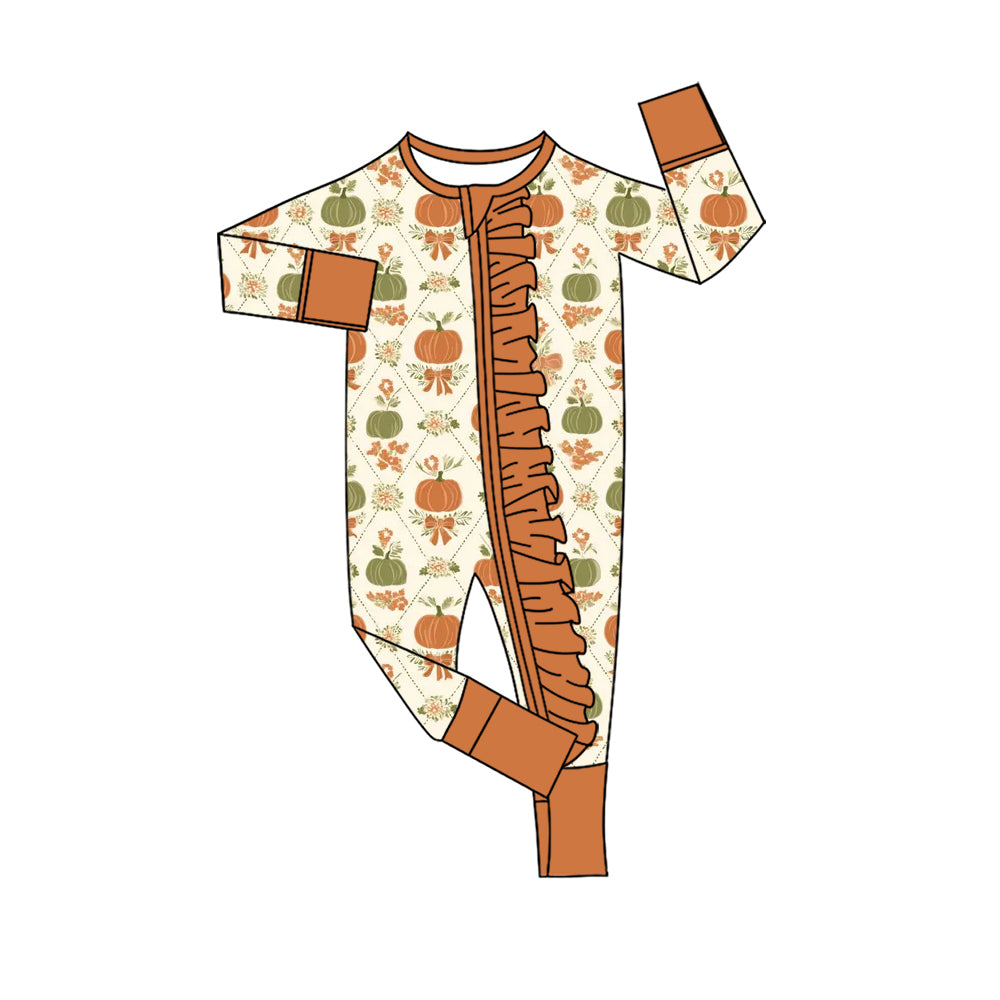 4.28 Pre Order No moq Baby Girls Long Sleeve Bows Pumpkins Print Two Way Ruffle Zip Rompers