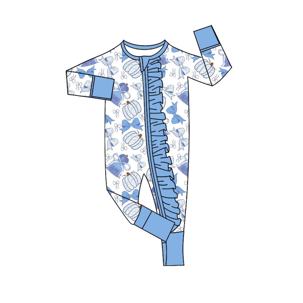 4.28 Pre Order No moq Baby Girls Long Sleeve Bows Pumpkins Print Two Way Ruffle Zip Rompers