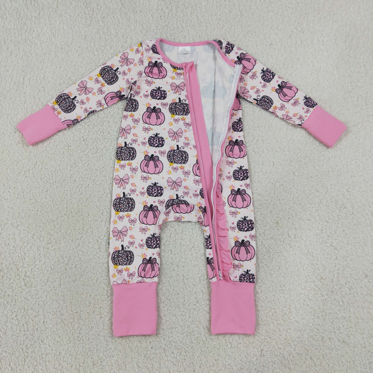 LR3061 RTS NO MOQ （In stock）milk silk Long sleeves leopard pink bow baby girls fall zipper romper