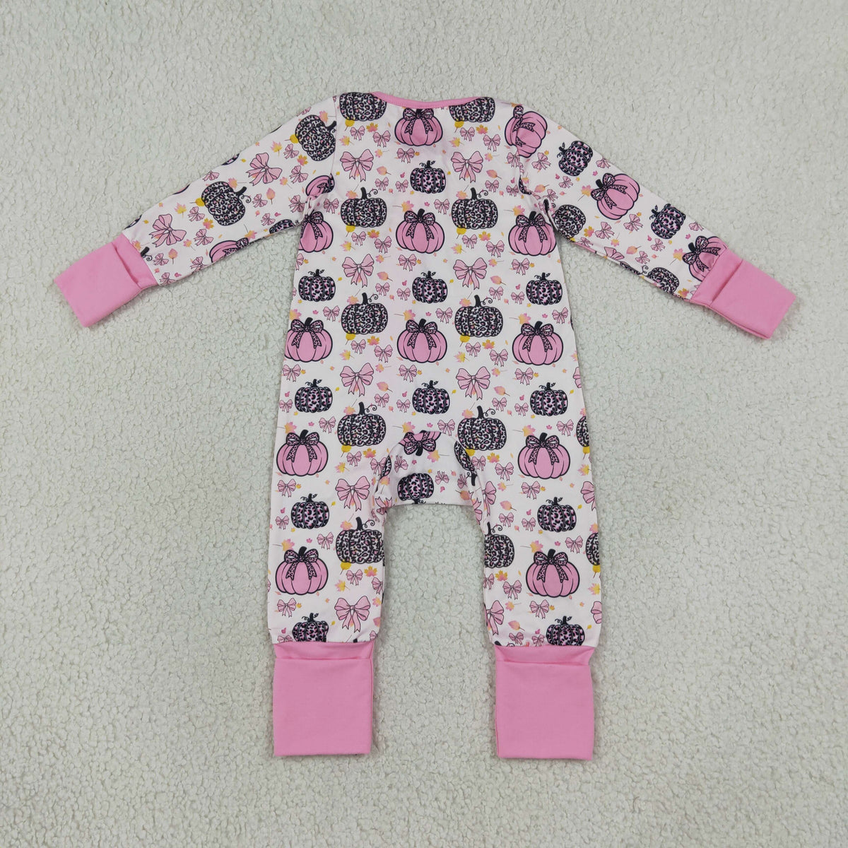 LR3061 RTS NO MOQ （In stock）milk silk Long sleeves leopard pink bow baby girls fall zipper romper