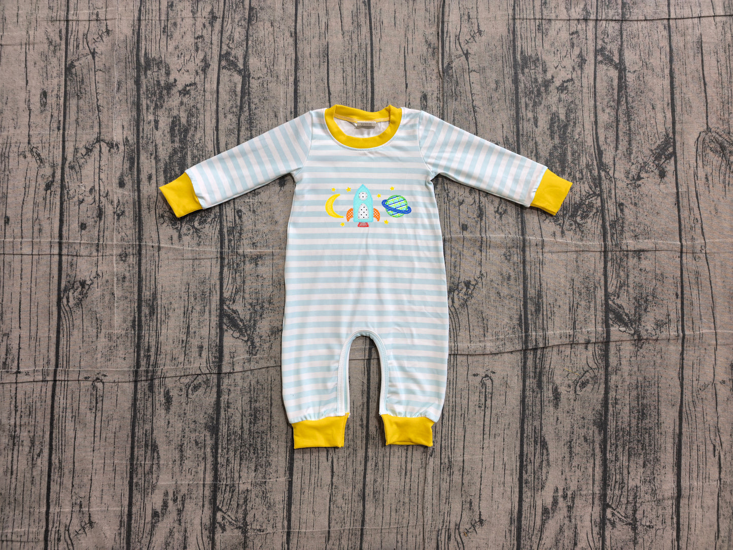 6.11 LR3062 Sample No Moq Embroidery Baby Boys Blue Stripe With Rocket Moon Embroidery Long Sleeve Rompers