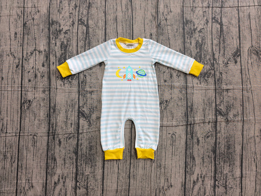 6.11 LR3062 Sample No Moq Embroidery Baby Boys Blue Stripe With Rocket Moon Embroidery Long Sleeve Rompers