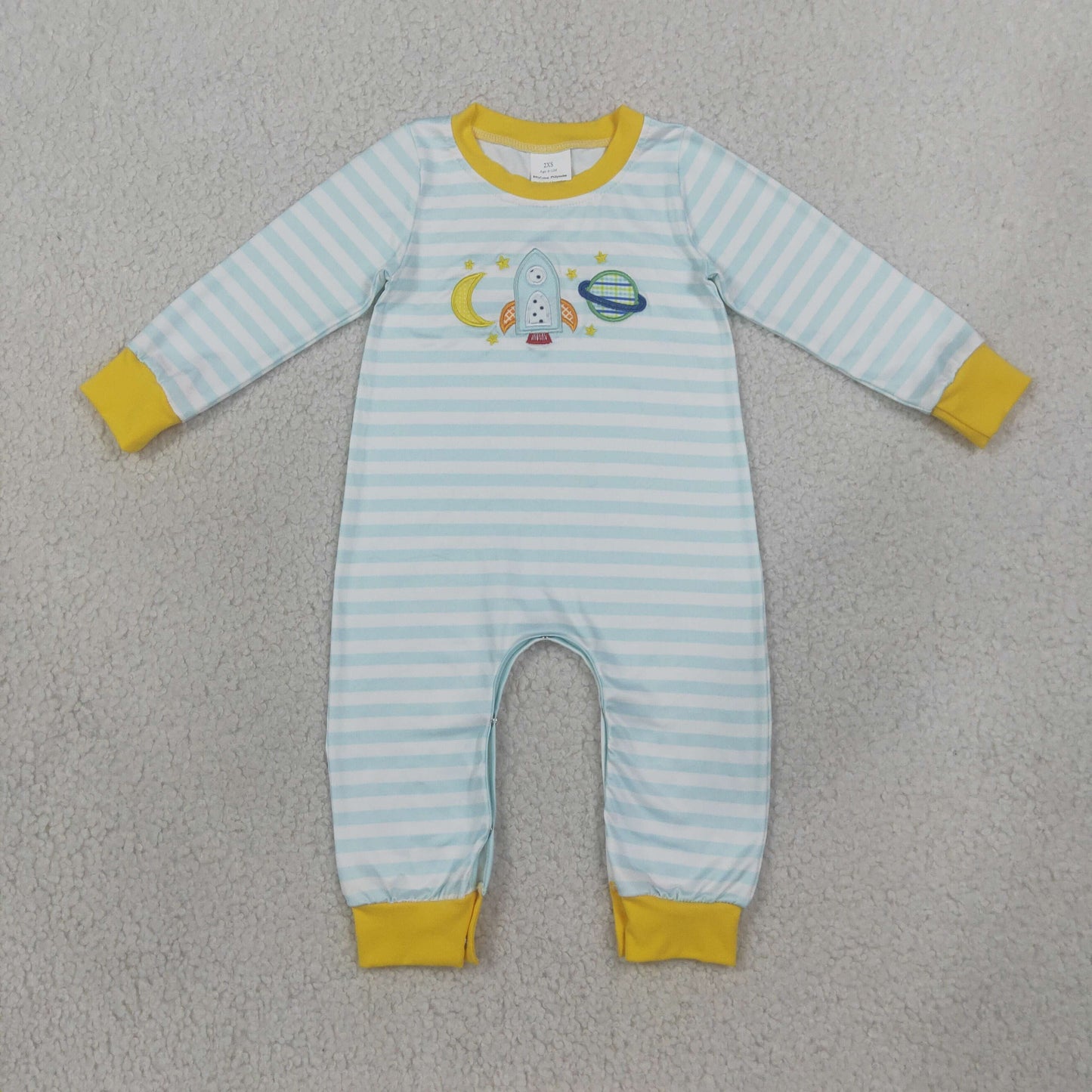 LR3062 RTS NO MOQ （In stock）Embroidery Baby Boys Blue Stripe With Rocket Moon Embroidery Long Sleeve Rompers