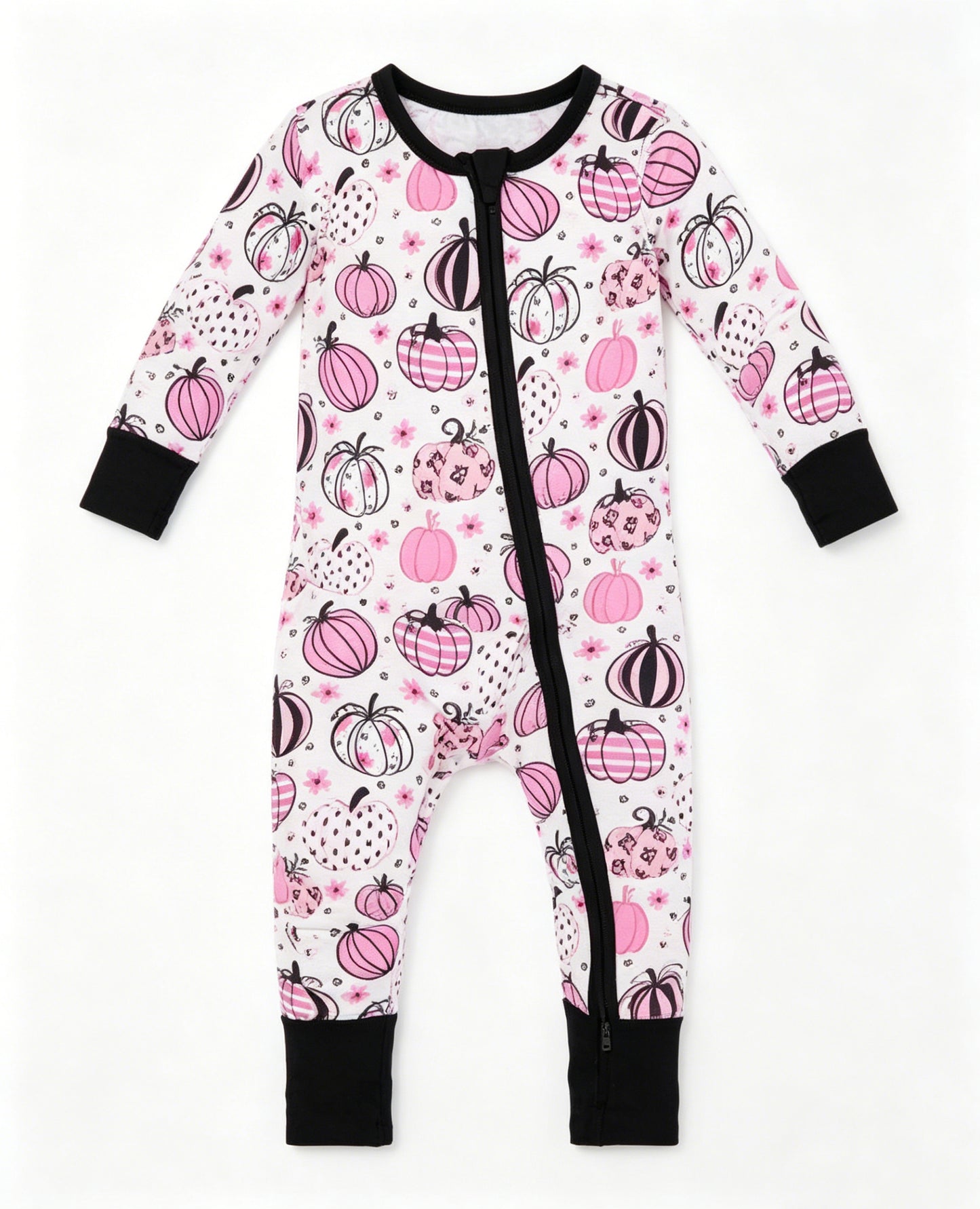 4.29 LR3064 Pre Order No moq Baby Girls Fall Long Sleeve Flowers Pumpkins Zip Convertible Rompers