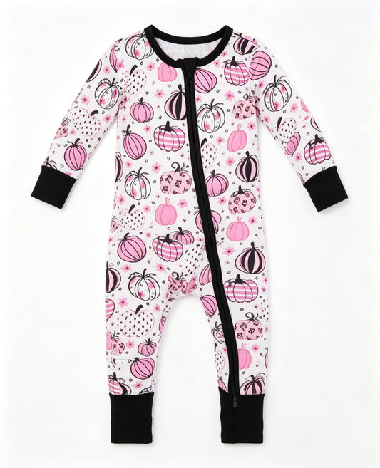 4.29 LR3064 Pre Order No moq Baby Girls Fall Long Sleeve Flowers Pumpkins Zip Convertible Rompers