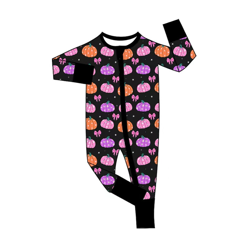 5.1 Pre Order No moq Baby Girls Long Sleeve Bows Pumpkins Fall Two Way Zip Convertible Rompers
