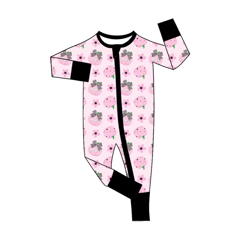 5.1 Pre Order No moq Baby Girls Long Sleeve Bows Pumpkins Fall Two Way Zip Convertible Rompers