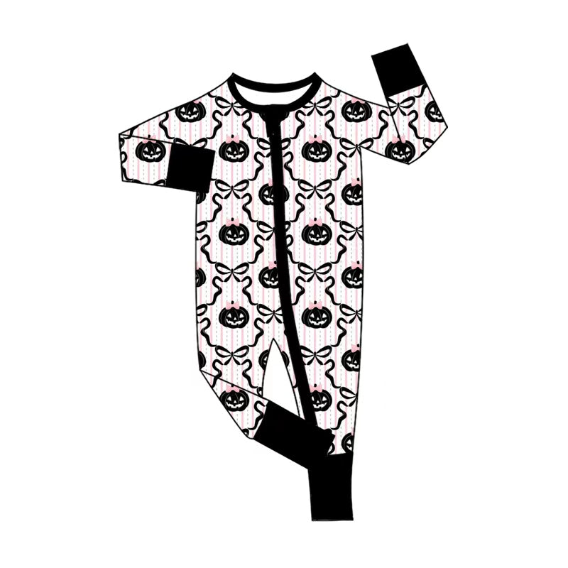 5.1 Pre Order No moq Baby Girls Long Sleeve Bows Pumpkins Fall Two Way Zip Convertible Rompers