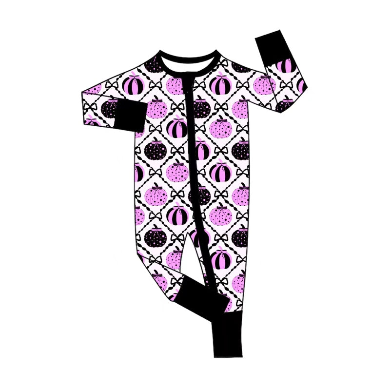 5.1 Pre Order No moq Baby Girls Long Sleeve Bows Pumpkins Fall Two Way Zip Convertible Rompers