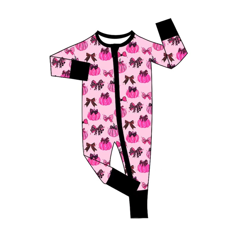 5.1 Pre Order No moq Baby Girls Long Sleeve Bows Pumpkins Fall Two Way Zip Convertible Rompers