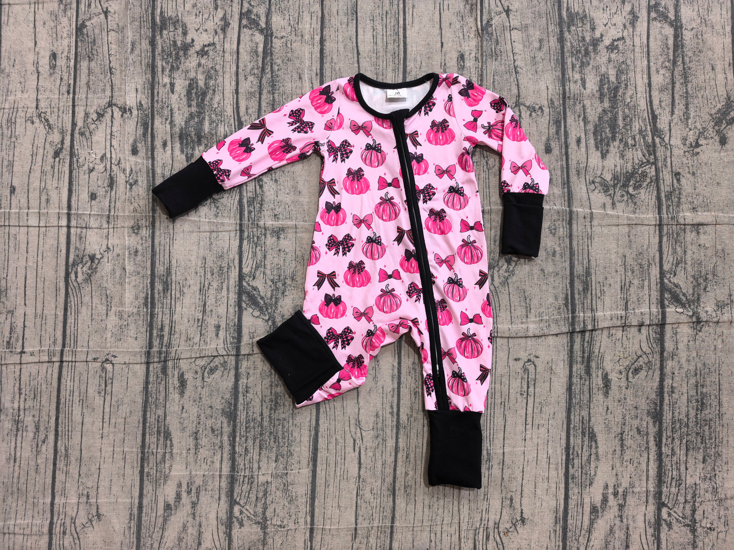 6.11 LR3069 Sample No Moq Baby Girls Cute Pink Bow Pumpkin Long Sleeve Two Way Zip Ruffle Convertible Rompers