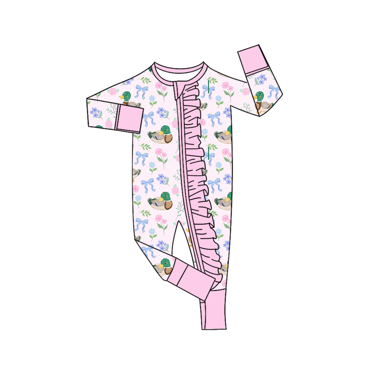 5.1 Pre order No Moq Baby Girls Ducks Flowers Top Pockets Flare Pant Hunting Clothes Sets dress and romper
