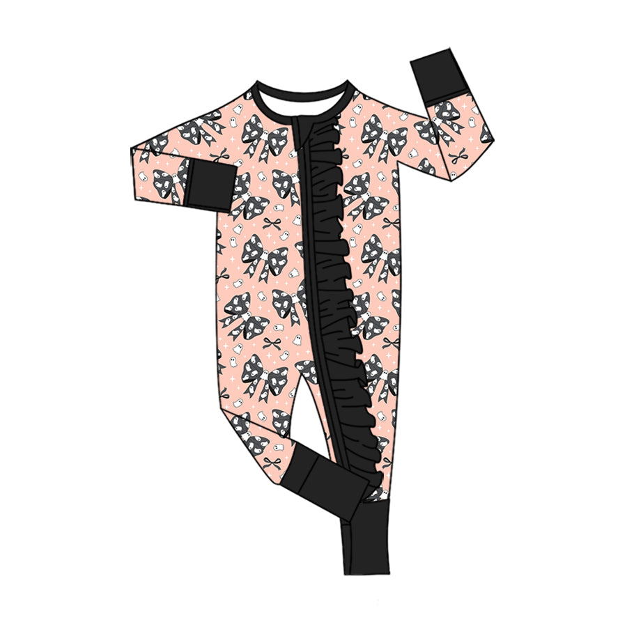 5.13 Pre Order No moq Baby Girls Bows Halloween Two Way Ruffle Zip Convertible Romper