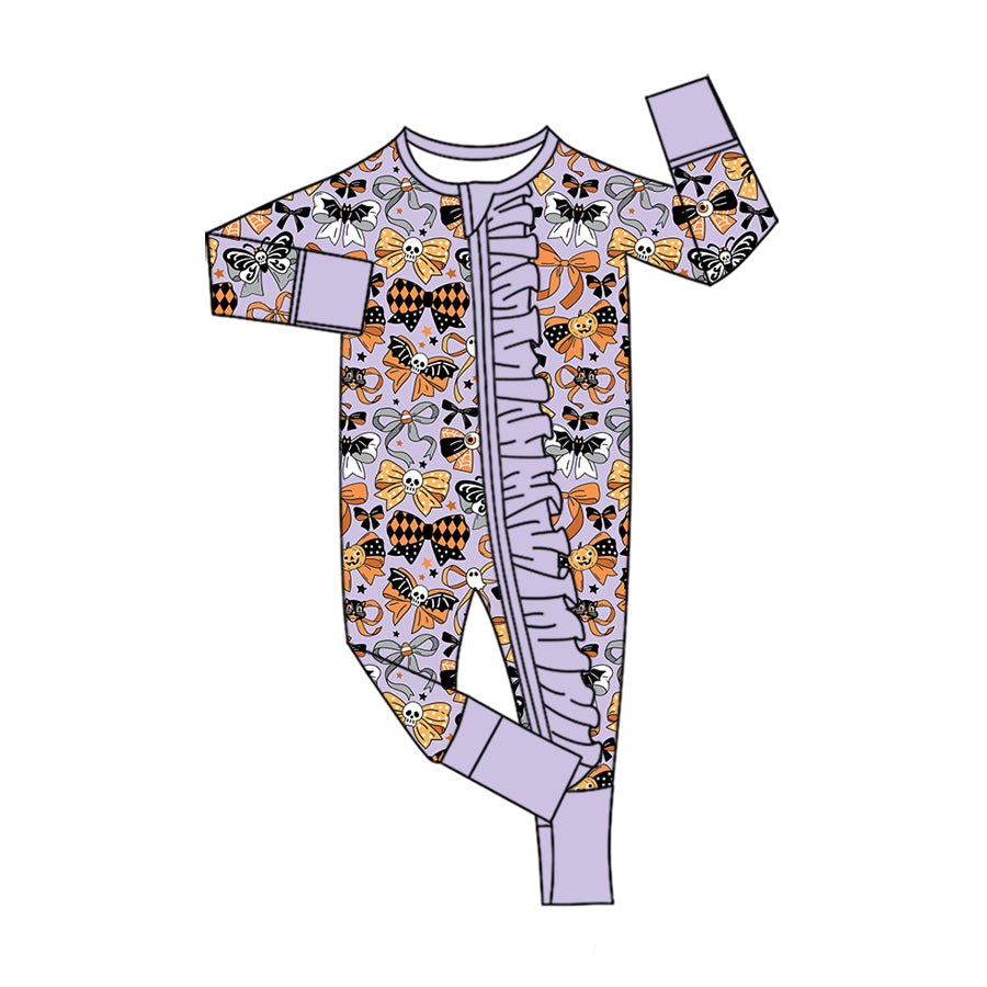 5.13 Pre Order No moq Baby Girls Bows Halloween Two Way Ruffle Zip Convertible Romper