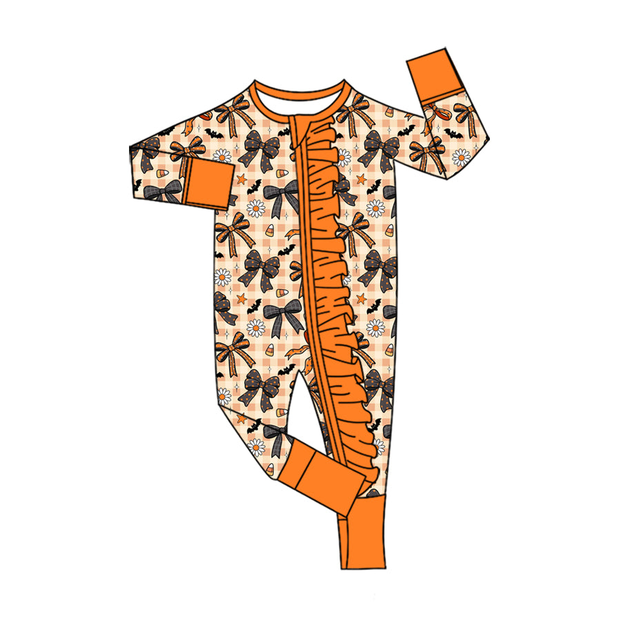 5.13 Pre Order No moq Baby Girls Bows Halloween Two Way Ruffle Zip Convertible Romper