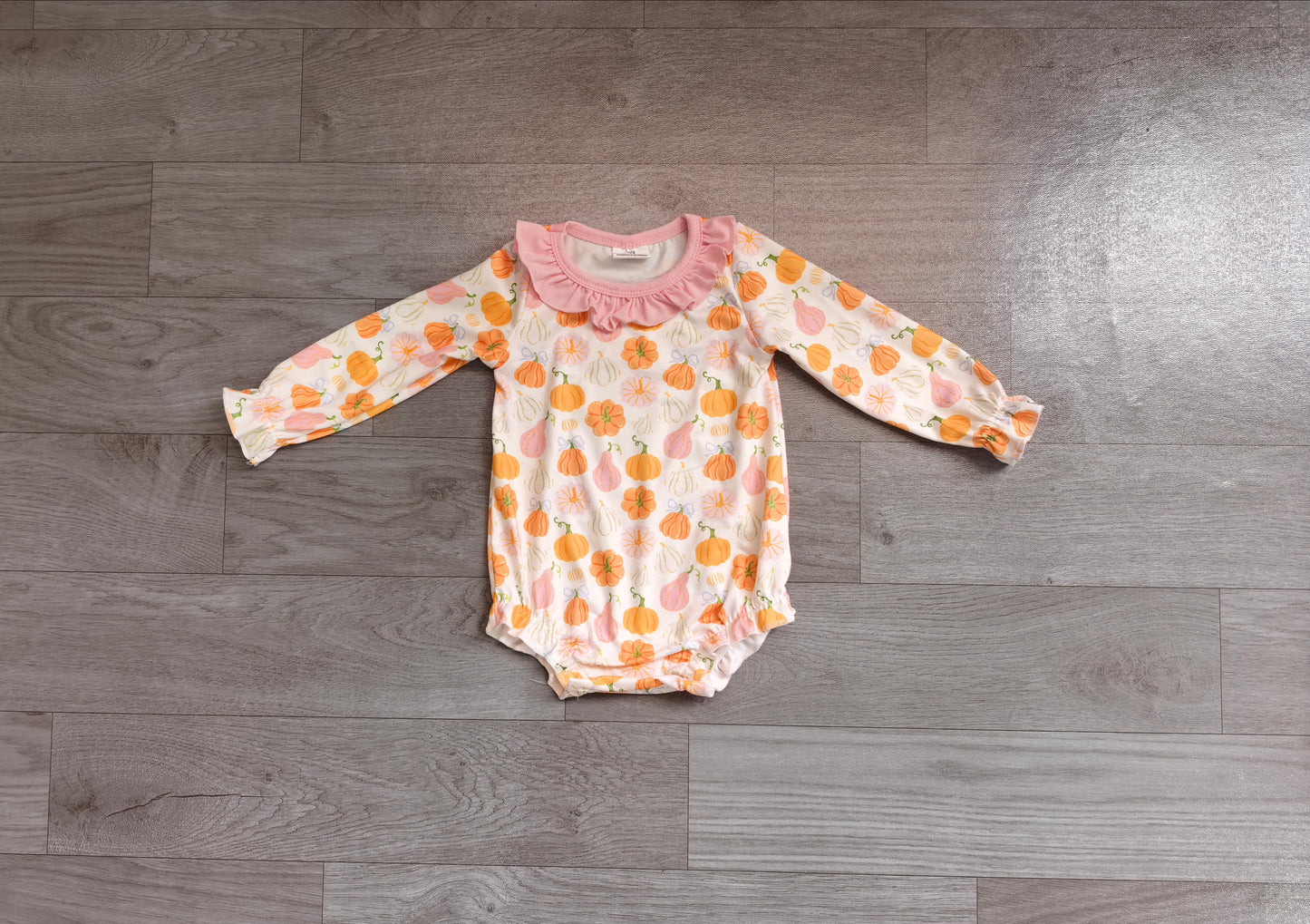 LR2948 Sample No Moq Baby Girls Stripe Pumpkin Bow Long Sleeve Button Ruffle Hem Romper