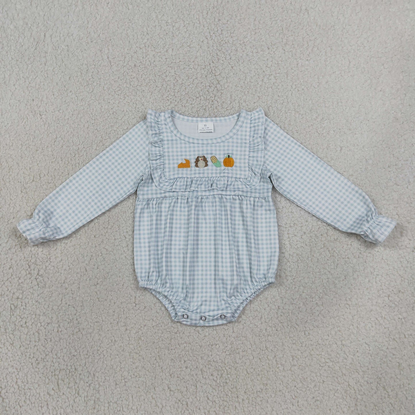 RTS NO MOQ （In stock）milk silk LR3104 Embroidery Turkey Pumpkins Baby Girls Thanksgiving Ruffle Rompers