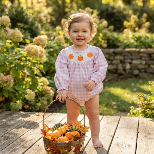 RTS NO MOQ （In stock）milk silk LR310S mocked Pumpkins Baby Girls Pink Checked Fall Ruffle Rompers